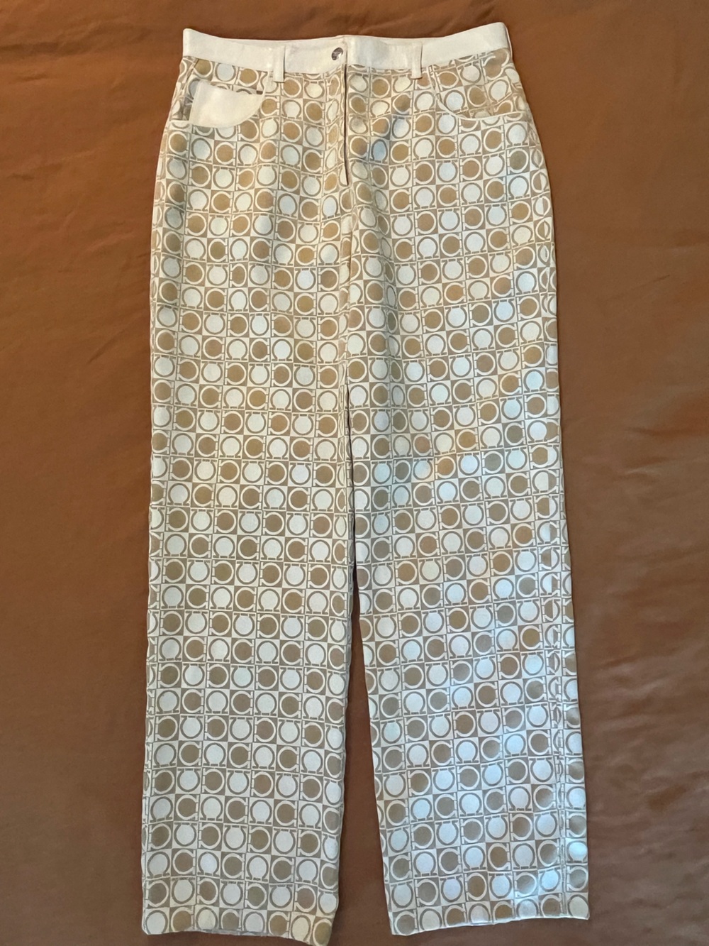 Salvatore Ferragamo white leather and jacquard logo print pants